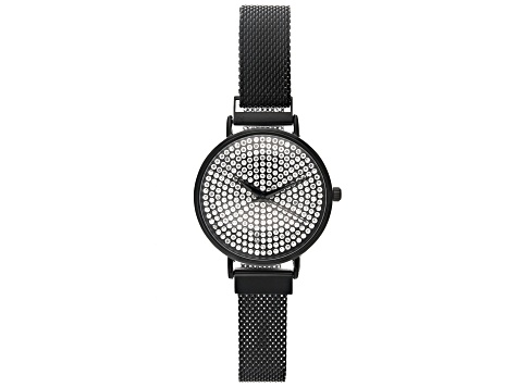 Ladies Black Tone Stainless Steel Mesh Band With Magnetic Clasp & Crystal Watch
