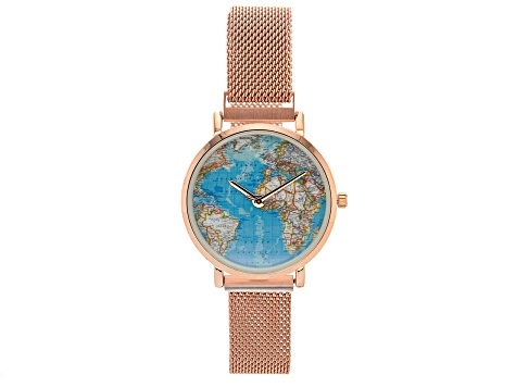 Ladies Rose Tone Stainless Steel Mesh Band Watch With Magnetic Clasp