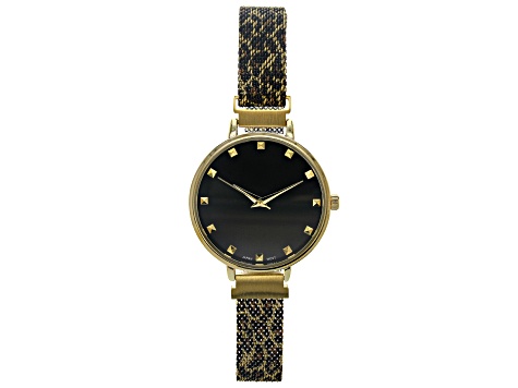 Ladies Gold Tone & Animal Print Stainless Steel Mesh Band Watch With Magnetic Clasp