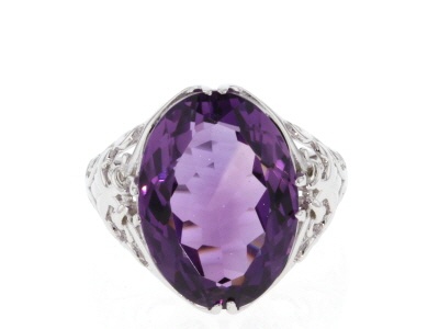 Oval Brazilian Amethyst Rhodium Over Sterling Silver Solitaire Ring. 10.63ctw