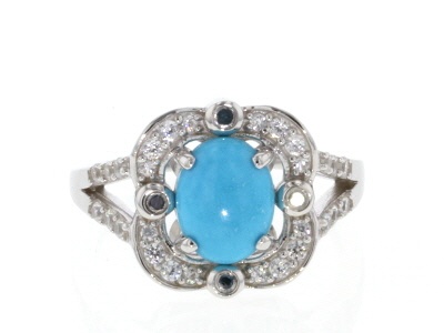 Blue Sleeping Beauty Turquoise, Blue Diamond Accent, Zircon Rhodium Over Silver Ring 1.54ctw