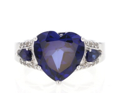 Blue lab created sapphire rhodium over silver ring 5.28ctw