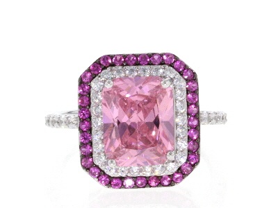 Pink Lab Created Sapphire, Pink And White Cubic Zirconia Rhodium Over Sterling Silver Ring 6.51ctw
