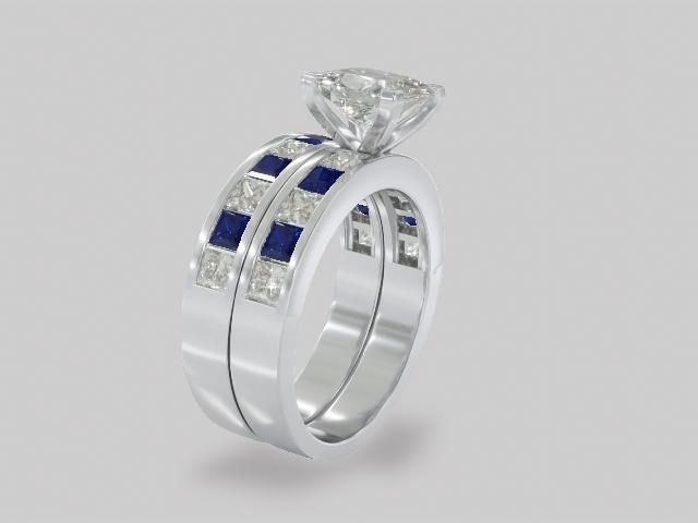 Blue Lab Sapphire & White Cubic Zirconia Scintillant Cut Rhodium Over Silver Ring With Band 6.88ctw