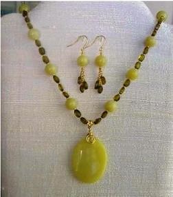 Olive Jade & Green Amber Necklace & Earrings Set