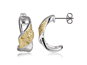 Yellow Diamond Rhodium and 18K Gold Yellow Plate over Bronze Two-Tone J-Hoop Earrings 1/10ctw.